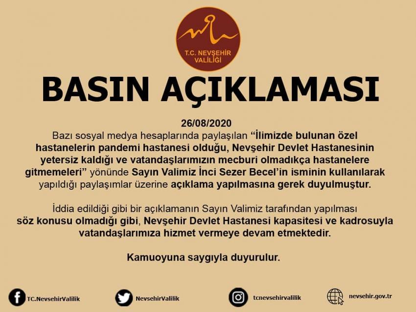 Nevşehir Valiliği sosyal medyada yayılan haberi yalanladı