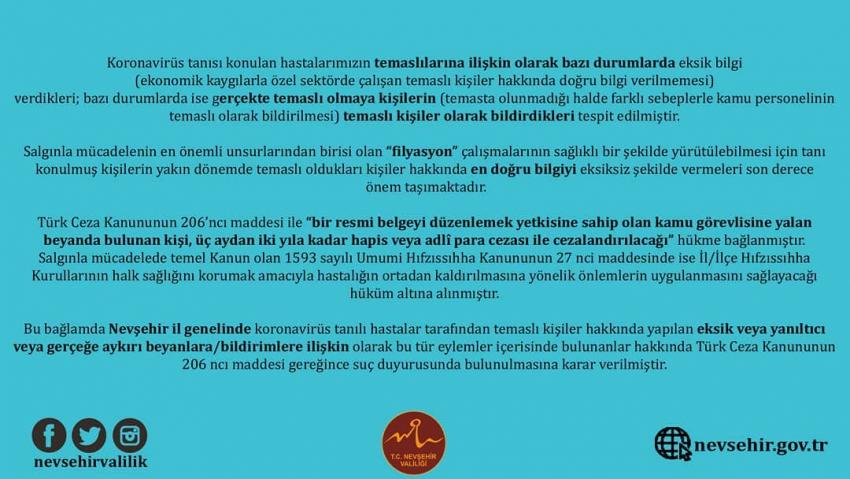 Nevşehir’de korona virüs ile mücadelede eksik bilgi verene ceza