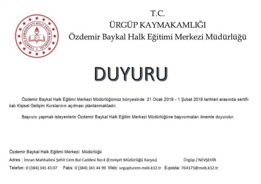 Özdemir Baykal Halk Eğitim Merkezinden Duyuru
