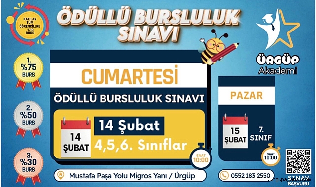 Ürgüp Akademi Eğitim Merkezi Ödüllü Bursluluk Sınavı Kayıtlarında Son Günler