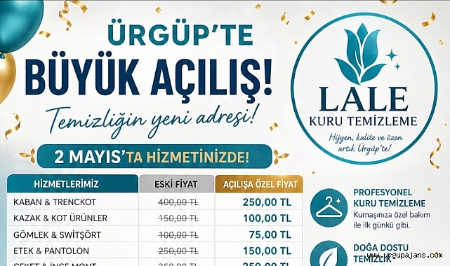 Lale Kuru Temizleme yeniden 2 Mayıs 2026 Cumartesi günü açılışa özel fiyatlarla hizmetinizde