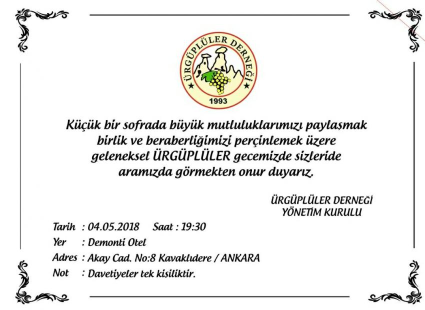 Ankara Ürgüplüler Derneği Gece Düzenleyecek