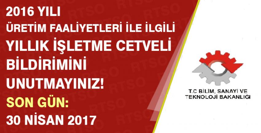 Sanayi Sicil Yıllık İşletme Cetveli Vermeyi Unutmayın!